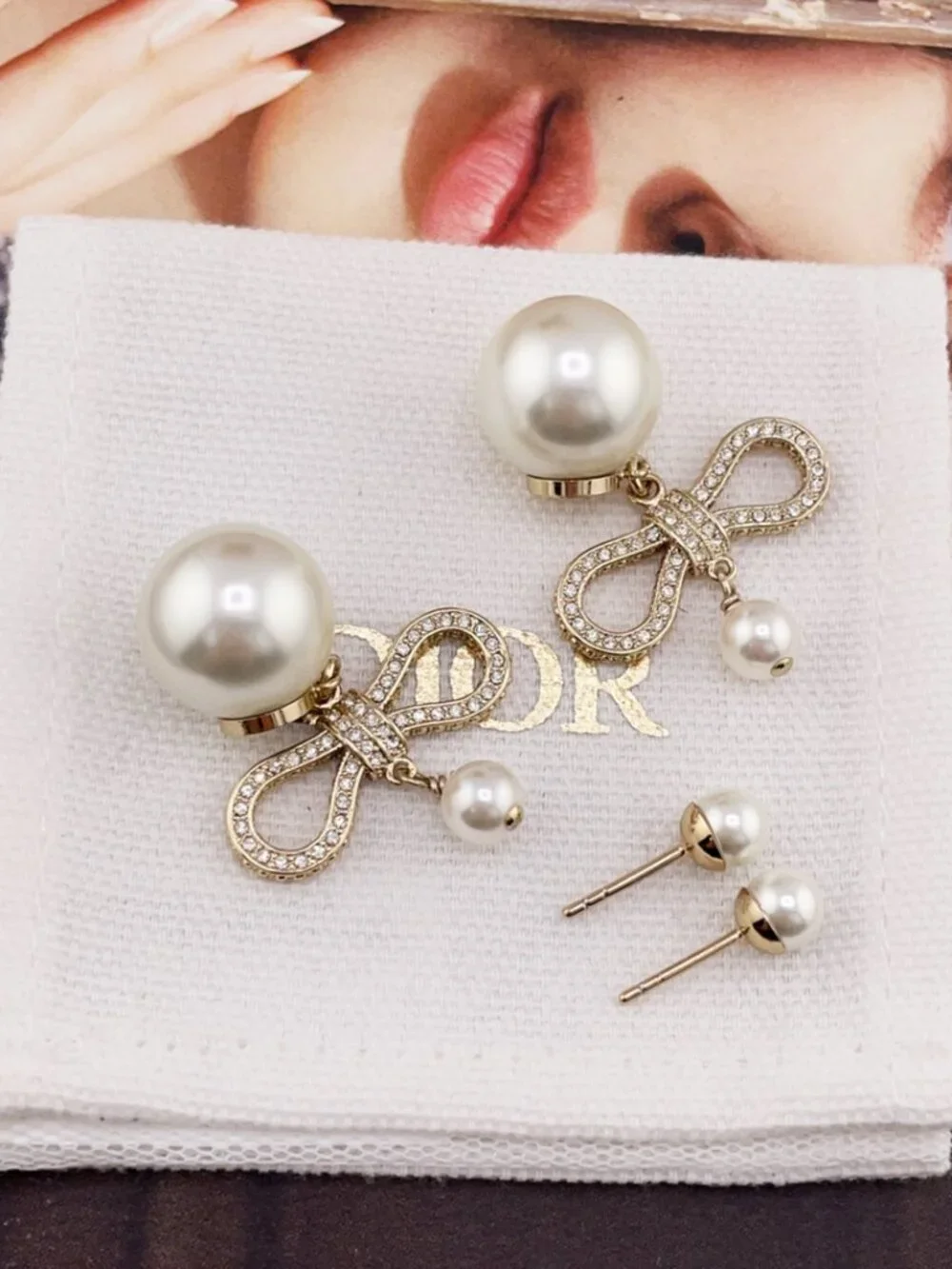 Authentic Dior Gold Tone Pave Crystal Bow Pearl Drop Earrings - Picture 5 of 6